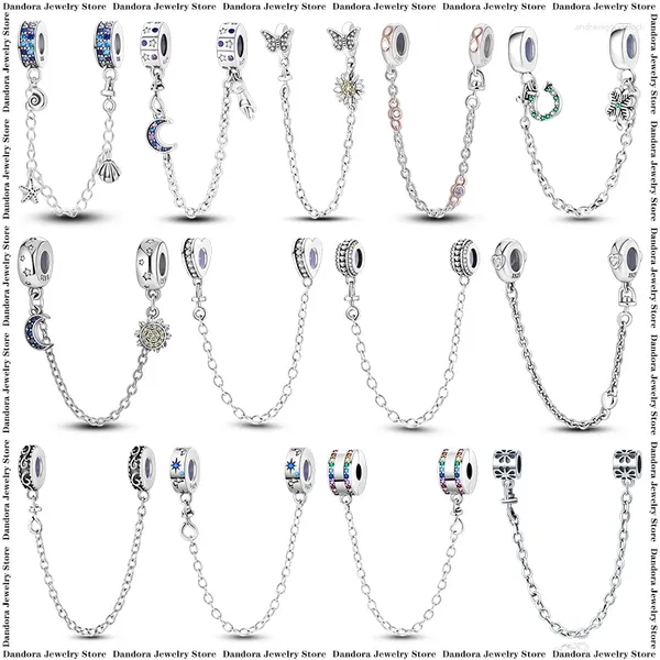 Pierres précieuses en vrac en argent sterling 925, étoiles, lune, chaîne de sécurité, convient au bracelet original, clip d'isolation, perles, bijoux pour femmes, cadeau 2024