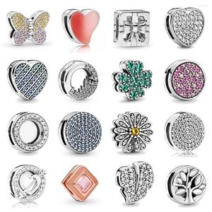 Piedras preciosas sueltas originales Plata de Ley 925 corazón trébol Flowe Clip tapón encantos cuentas ajuste reflejos pulsera DIY mujer joyería