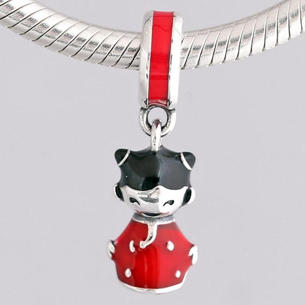 Gemas sueltas originales esmaltadas en negro y rojo, colgante de muñeca china, cuentas aptas para pulsera con abalorio de cuenta en plata esterlina 925, joyería DIY