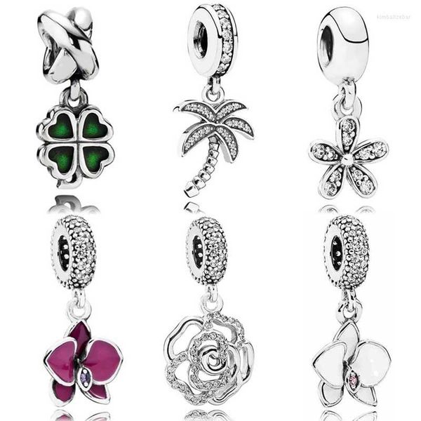 Pierres précieuses en vrac émail original trèfle à quatre feuilles fleur palmier avec pendentif en cristal Fit Europe Bracelet 925 bijoux en argent sterling