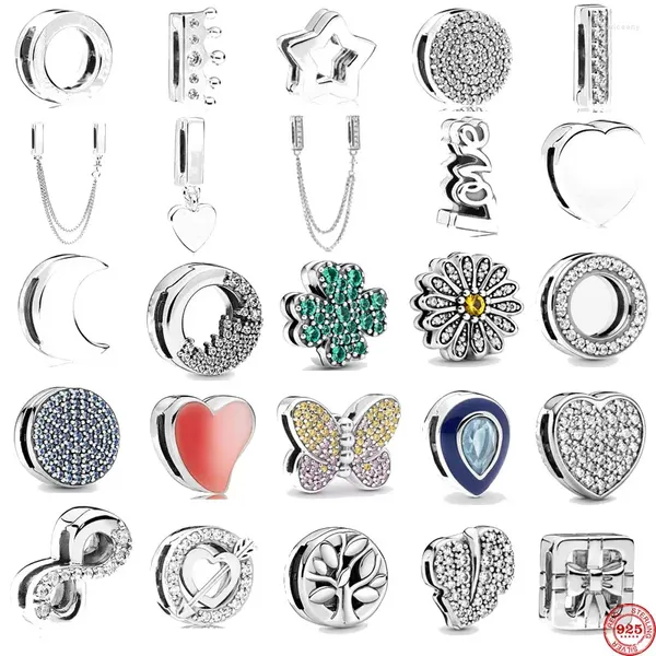 Piedras preciosas sueltas S925, dijes de cuentas con Clip de reflejos de plata, corona de cristal redonda, corazón, Luna, trébol, pulsera Original para mujer