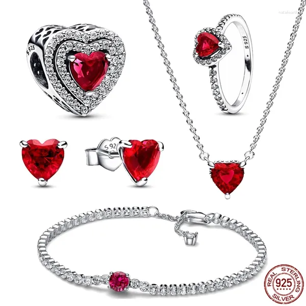 Venta de piedras preciosas sueltas, conjunto de joyería con dijes de plata de ley 925, collar con corazón rojo brillante, pulsera y anillo aptos para bricolaje, regalos exquisitos de año