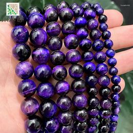 Pierres précieuses en vrac, perles rondes en œil de tigre violet lisse, collier naturel pour la fabrication de bijoux, brin de 15 pouces, 6, 8, 10, 12MM