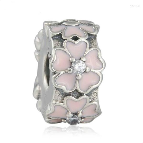 Pierres précieuses en vrac pince d'onagre de printemps perles breloque 925-argent Sterling émail rose bouchon de fleur idéal pour bracelet bricolage bijoux fins