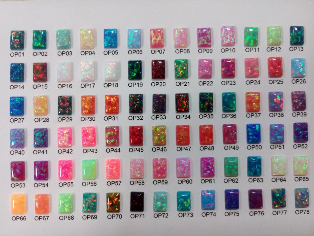 Gevşek taşlar sentetik opal tedarikçi satışı 78 veya 92 renk renk kartları taş grafikler dikdörtgen şekil düz arka taşlar
