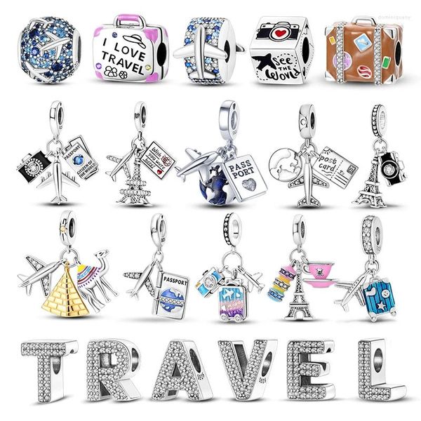 Breloques de voyage en pierres précieuses en vrac, pendentif en argent 925, perle adaptée au Bracelet Original, bricolage, avion, terre, caméra, tronc, perles en Zircon