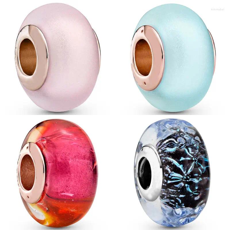 Gevşek taşlar dalgalı mavi mat pembe pembe ışıltılı gün batımı murano cam boncuklar 925 STERLING Gümüş Cazibe Fit Bilezik DIY mücevher