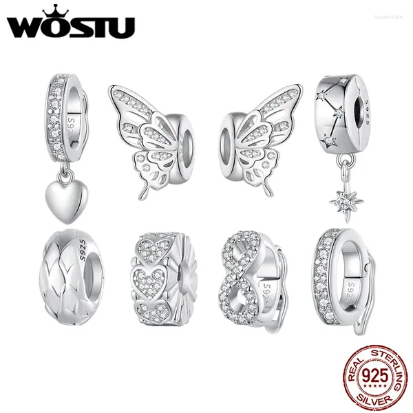 Piedras preciosas sueltas WOSTU 925 Plata de ley Brillante CZ Cuentas espaciadoras de silicona Mariposa Corazón Estrella Colgante Ajuste Pulsera original DIY