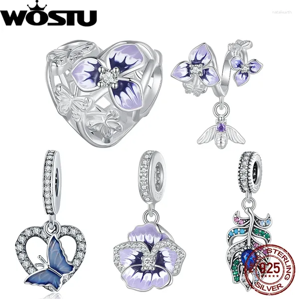 Piedras preciosas sueltas WOSTU Charm de flor de pensamiento de plata de ley 925 con colgantes de abeja voladora con gota de circón púrpura aptos para pulsera original