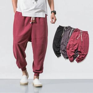 Pantalon sarouel ample en coton et lin pour hommes, Style Harajuku, couleur unie, Vintage, Streetwear, survêtement, grande taille 5XL, 240305