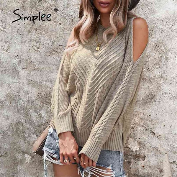 Agujero suelto suéter de mujer otoño invierno casual o-cuello split pullover negro gris oficina dama manga larga moda tops 210914