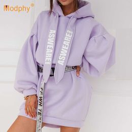 Lâche Lettre Imprimer Plus polaire Sweat À Capuche Mode Femmes Casual Hiver À Manches Longues Robe 210527