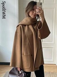 Manteau ample à manches longues avec écharpe, pardessus en mélange de laine marron pour femme, veste d'automne à simple boutonnage pour trajet en ville, 240111