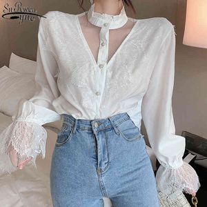 Losse mesh blouse kant stiksels vrouwelijke blusas koreaanse mode vrouwen lantaarn lange mouw shirt elegante 11536 210427
