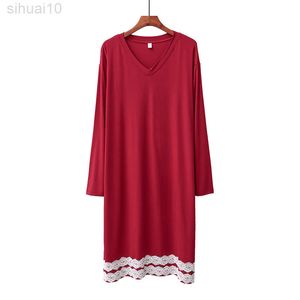 Losse modale katoenen nachtjurk vrouwen nachthoofdsjes lange mouwen nachtwear v nek loungewear nachtdress vrouwelijk vestido de mujer l220803