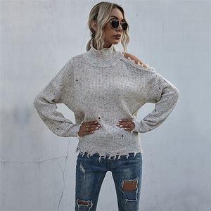 Loose Ripped Off-Shoulder Pull Casual Tricoté Trous Pulls Couleur Dots Vêtements Pour Femmes Nouvelle Mode Disdressed Jumpers 210203