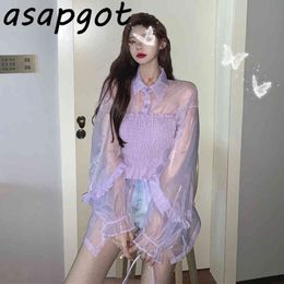 Lâche Sexy Revers Volants Transparent Mesh Violet Blouse Femmes Printemps Chic Coréen Mince Sans Bretelles Camisole Tops Mode 210429