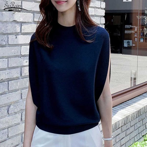 Blusa de mujer sólida suelta de punto de algodón camisas de mujer cuello alto sin mangas jersey coreano elegante oficina dama ropa 10282 210527
