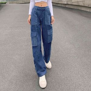 Jeans droits lâches femmes pantalons cargo décontractés taille haute streetwear baggy denim pantalon patchwork jeans y2k 210419