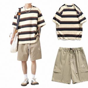 T-shirt à rayures amples T-shirt vintage Summer New Cott Streetwear Shorts Set Hip Hop Pantalon cargo Imprimer Joggers Fi Shirt b0mT #