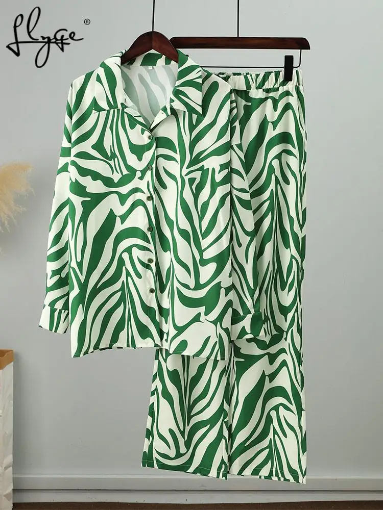 Calça de camisa feminina de listras soltas Conjunto de duas peças Top de manga comprida elegante e calça elástica de cintura alta Terno de calça de primavera