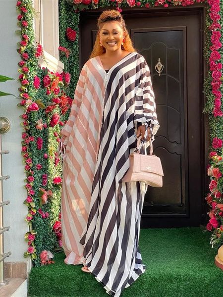Vestidos largos africanos de rayas sueltas para mujeres chifón musulmán maxi femme túnica ropa nigeriana moda kaftan verano abaya 240415