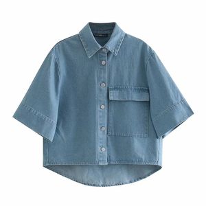 Losse turn down kraag blouses vrouwen mode zak blauw denim shirts elegante halve mouw tops vrouwelijke dames hoge kwaliteit 210520