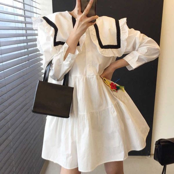 Vestido de cuello de marinero de manga larga de soplo blanco suelto Mujeres Mini Casual Contraste Muñeca Vestido Feminino Moda Big Swing Japón Preppy 210610