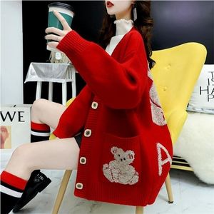 Lâche femmes pull Cardigan automne hiver pull survêtement Style coréen tricoté marque basique manteaux épais rouge pull haut 201128