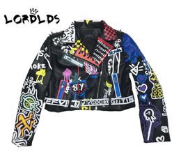 Lordlds 2019 Chaqueta de cuero Graffiti Colorido Biker Biker Jackets and Coats Punk Streetwear Ladies 7254347
