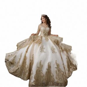 Lorencia Gold Sweetheart Perlée Quinceanera Dres Avec Lg Manches Princ Doux 16 15 Robes De Bal Robes De Fiesta YQD39 W8xj #