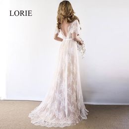 Lorie Boho vestido de novia con cuello en V manga casquillo encaje playa vestido de novia barato sin espalda por encargo una línea vestidos de novia elegante 201114