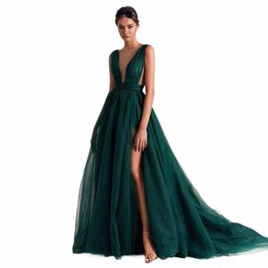 Lorie Emerald Green Prom Dres TuLle A-Line LG Pleats Side Split African Evening Wedding Party Jurk voor Graduati 2021 N1NU#