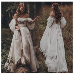 Lorie van de schouderprinses trouwjurk lieverd toegewezen puff mouwen bruid jurk a-line backless boho trouwjurk 201114
