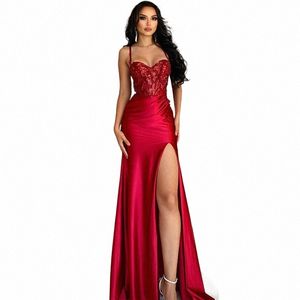 Lorie Red Lace Sweetheart Sirena Vestidos de noche formales Correas espaguetis Lado Split Verano Vestidos de fiesta Fiesta de noche Dr d31F #