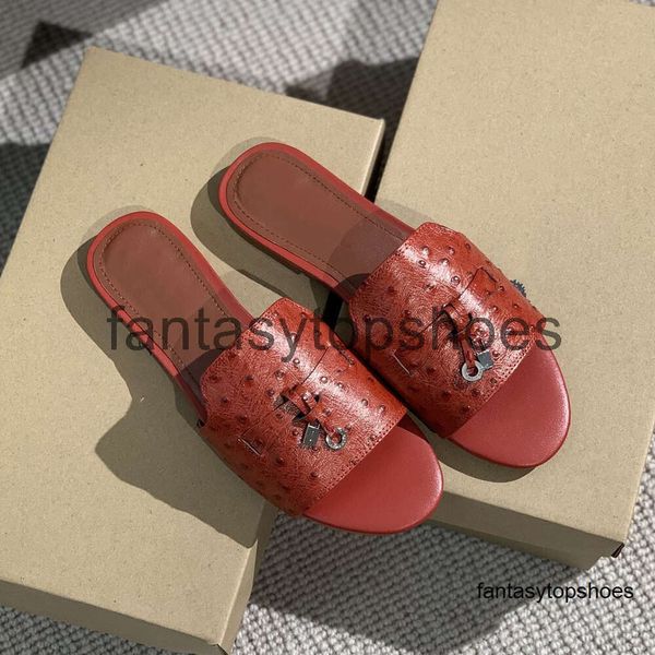 Loro Piano LP Mules glissades pantoufles d'autruche d'été charmes sandales rouges authentiques talons plats pour femmes designers de luxe