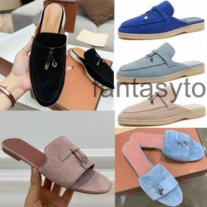 Loro piano luxe suede verfraaide slippers charmes lp rode sandalen schoenen glijbanen echte lederen teen casual flats witte vrouwen luxe