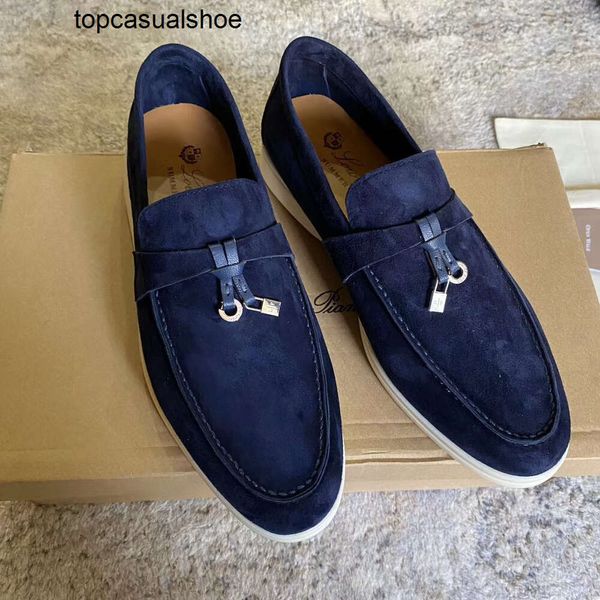 Loro Piano Suede Navy Mocasines de alta calidad Mocasines Encantos de verano Cuero genuino Resbalón casual en pisos Mujeres Diseñadores de lujo Vestido plano Pareja Zapatos Fábrica Footwe