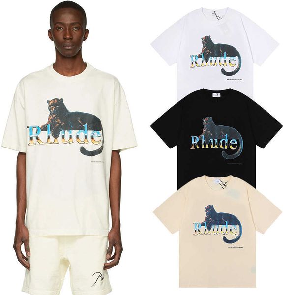 Los Ángeles Trend Rhude Design Sense Men and Women Amantes Hip Hop Leopard impreso Fat Guy Fashion Base Tee