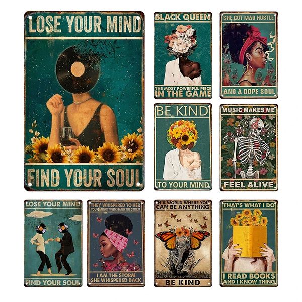 Lose Your Mind pintura artística cartel de hojalata Find Your Soul Music Cartel de chapa Retro Nostálgico Cartel de metal Cita inspiradora Impresiones artísticas Decoración vintage para niñas Tamaño 30X20CM w02