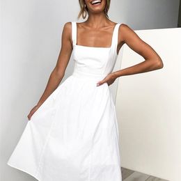 Lossky Casual Solid Dres Midi Lange Zomer Sexy Backless Slip Jurken Ruches Mode Elegante Party Kleding Leisure 220330