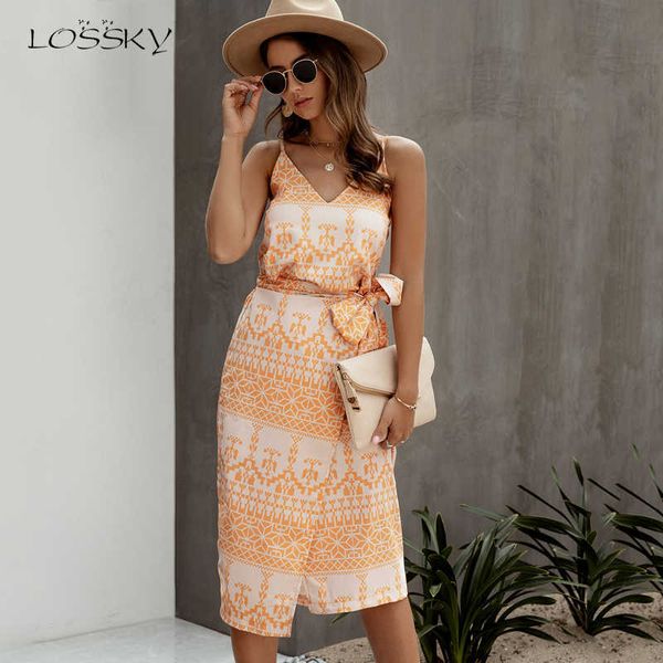Lossky Cotton Dres Printed Summer Slip Sundress Sexy Backless sin mangas Beach Midi ropa para damas vestidos 210608