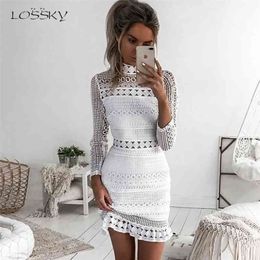 Losky sexy witte kant stiksels holle feestjurken elegante vrouwen korte mini zomer casual kleding voor 210623