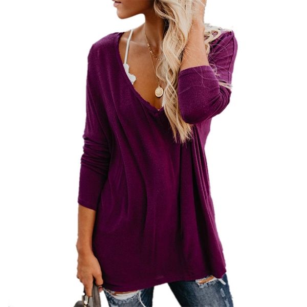 LOSSKY Solid Automne T-shirt Sexy Col V Profond Manches Longues Casual Femmes Hiver Automne Violet Kaki T-shirt Mode Tops Tees 210507