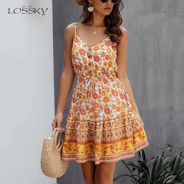Lossky verano mujer vestido botones algodón mini vestido de verano moda sexy corto sin respaldo resbalón cintura elástica vestidos sin mangas 210721