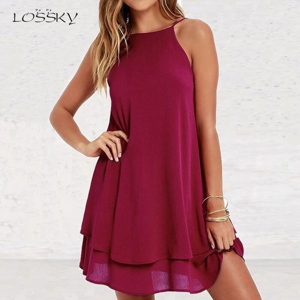 Lossky mujeres verano vestido de gasa sin espalda sexy correa de espagueti mini vestidos sueltos ocasionales moda mujer negro vestido rojo niña x0521