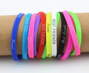 LOT 100PCS mix kleuren Letters Print siliconen Armband polsbandje 5mm Elastisch Rubber Vriendschapsarmbanden mannen vrouwen sieraden MB1924259772