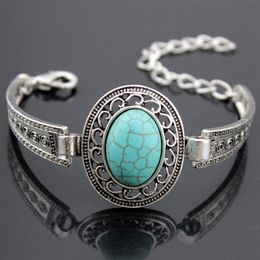 LOT 12 pcs Tibétain Vintage Argent Rétro Creux Alliage Conception Ovale Turquoise Bracelets Alliage bracelets en pierre Naturelle bracelets cadeaux MB163249Q