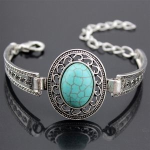 Lot 12pcs Tibetan Vintage Silver Retro Hollow Alloy Design Ovale Turquoise armoois Legering Banden Banden Natural Stone Bangles Gifts MB163249Q
