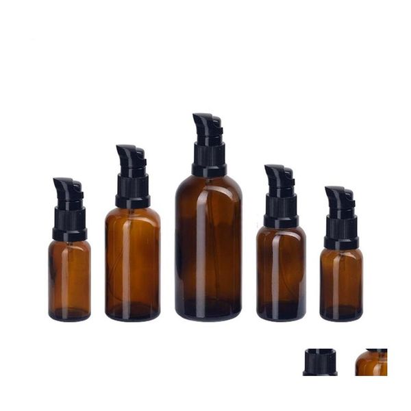 Botellas de loción Botella dispensadora de tamaño de viaje con bomba de aceite esencial de vidrio marrón ámbar con bombas de pico negro/blanco 5 ml 10 ml 15 ml 20 ml 30 ml Ottac